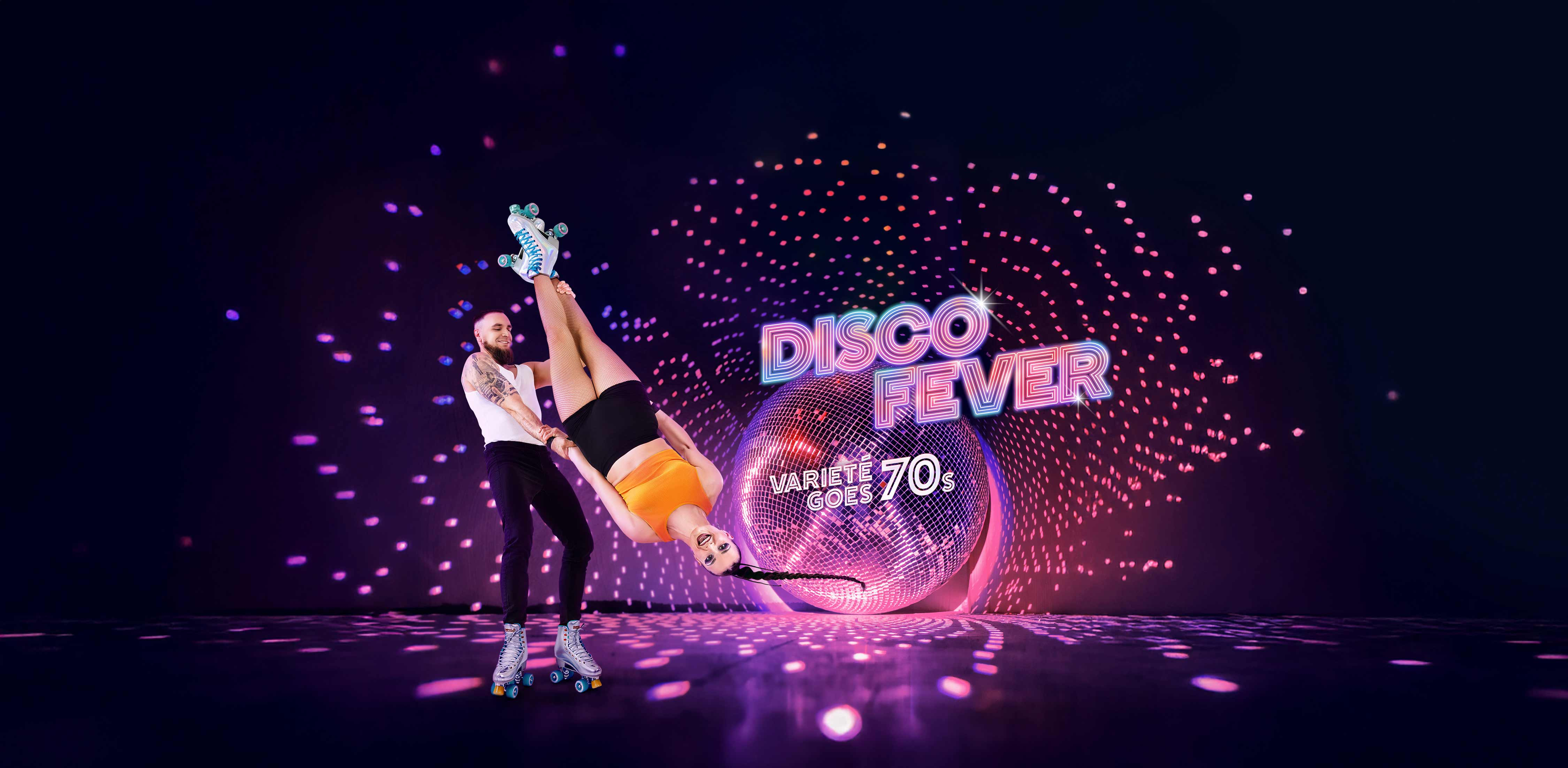 Banner der Show Disco Fever, mit einer Abbildung des Duo Rock'N'Rollers.
